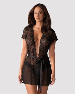 Пеньюар Obsessive Alluria peignoir & thong, S/M, прозорий, з мереживом, пояс, трусики в комплекті SX1124 фото