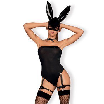 Еротичний костюм кролика Obsessive Bunny costume S/M, black, боді, чокер, гартери, панчохи, маска SO7701 фото