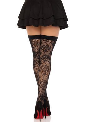 Панчохи Leg Avenue Wild rose net thigh highs, One Size, чорні, широка резинка, малюнок-троянди SX1042 фото