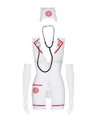 Еротичний костюм медсестри Obsessive Emergency dress S/M, white, сукня, стринги, рукавички, чепчик, стетоскоп SO7704 фото