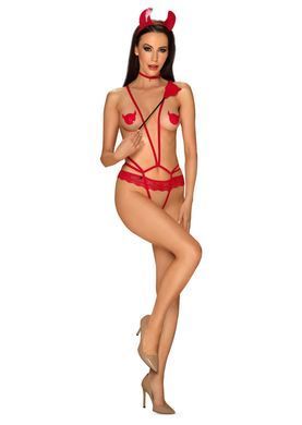 Еротичний костюм чортика зі стреп Obsessive Evilia teddy red S/M, боді, чокер, накладки на соски, обруч з ріжками SO7706 фото
