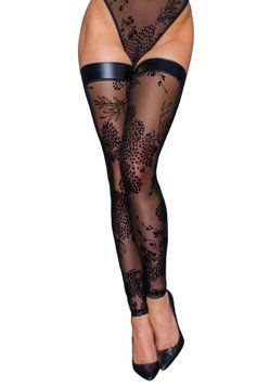 Панчохи без миска Noir Handmade F243 Tulle stockings with patterned flock embroidery, M SX0156 фото