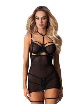 Бебі-дол Obsessive Arrowel Black chemise S/M, з декоративним чокером та гартерами SX2581 фото