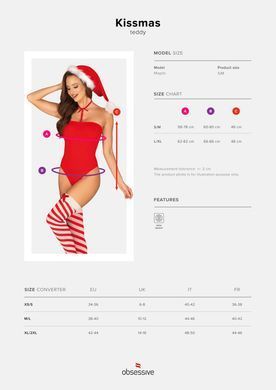 Тедді Obsessive Kissmas teddy, L/XL, червоне, без бретелей, чокер, панчохи та шапка з помпоном у наборі SX1153 фото