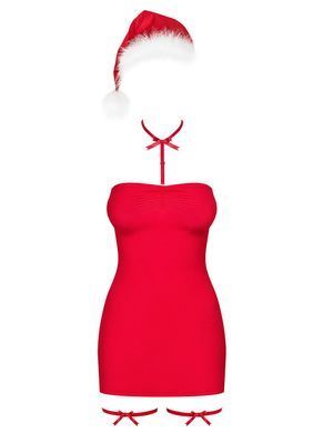 Новорічна сорочка Obsessive Kissmas chemise, S/M, червона, чокер, гартери та шапочка з помпоном SX1156 фото